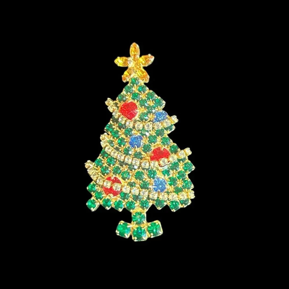 Vintage Christmas Tree Pin Brooch Rhinestone Swag